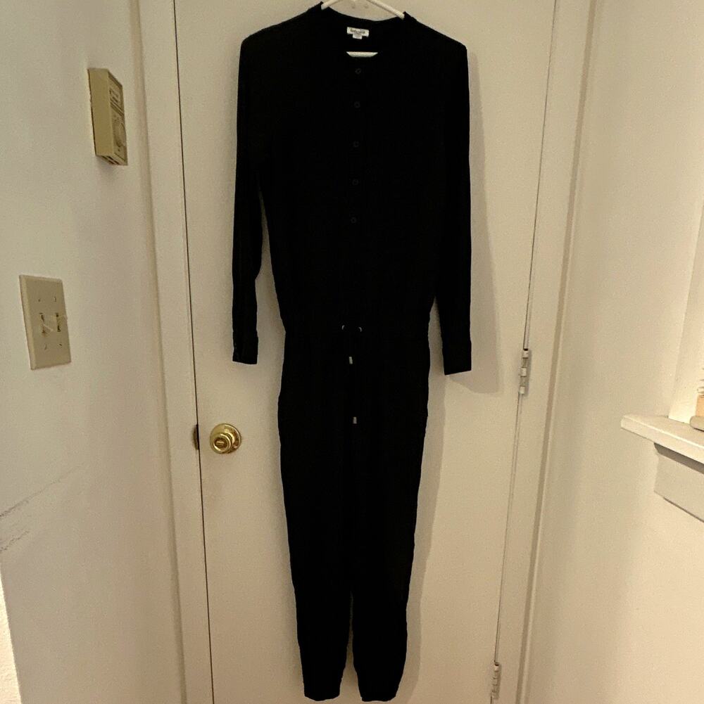 Splendid Black Button-Front Jumpsuit XS Long Sleeve Crew Neck Drawstring Pockets